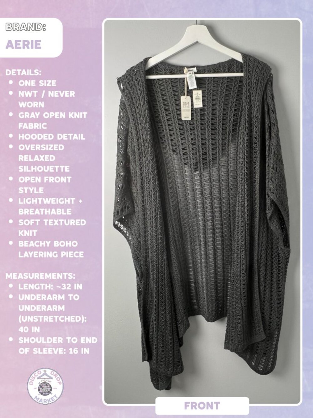 Aerie Gray Hooded Oversized Poncho Cardigan One Size NWT